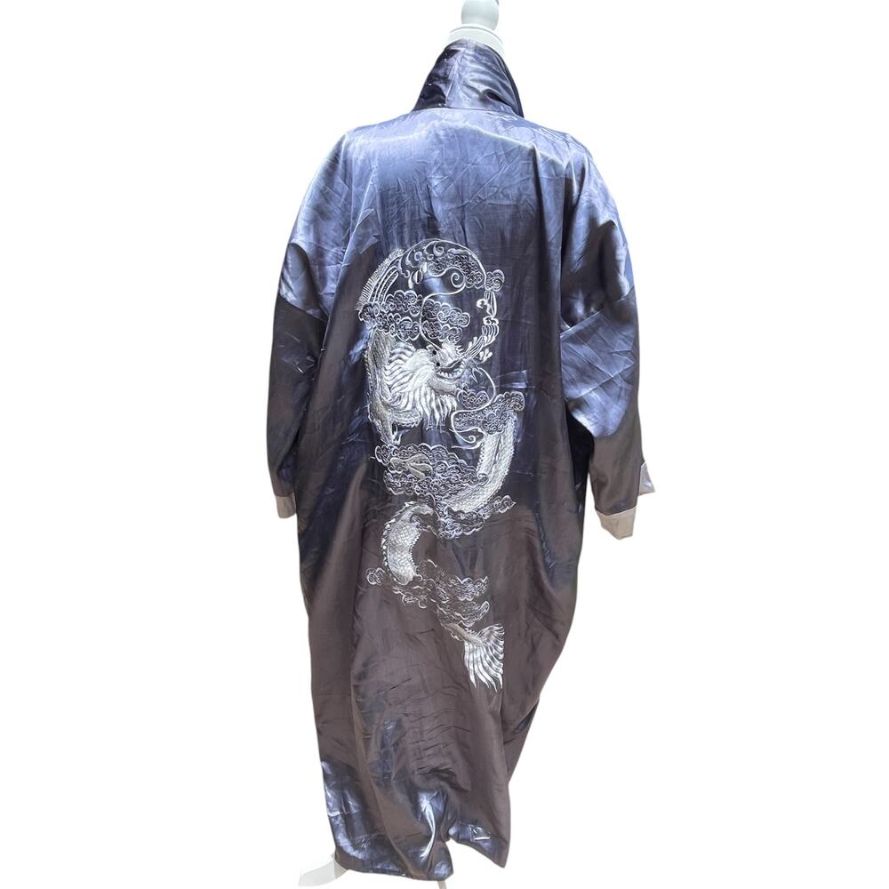 Handmade Silk Blue Reversible Robe Asian Art Embroidered Kimono Style  Robe
